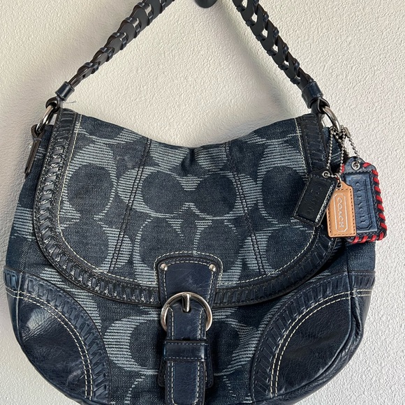 Rare Vtg Coach Poppy Denim Logo Hobo Bag Whipstitch Navy Blue No Long Strap Y2K - Picture 2 of 5